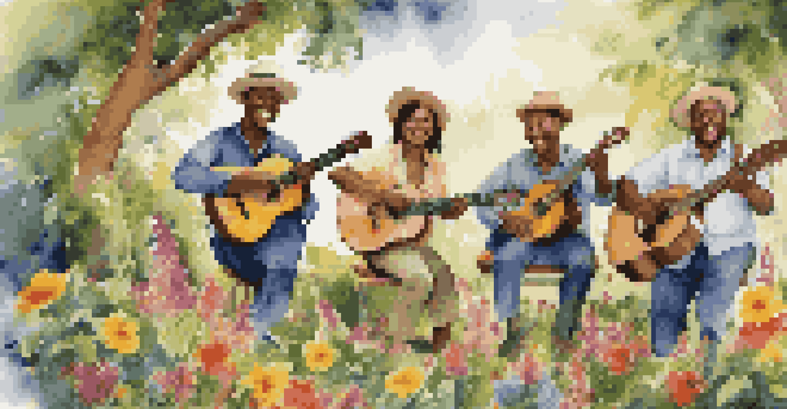 A group of smiling musicians playing the cavaquinho outdoors, surrounded by greenery and colorful flowers, depicting a joyful music gathering.