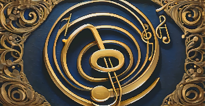 A close-up of a golden treble clef symbol on a dark blue textured background, surrounded by delicate music notes.