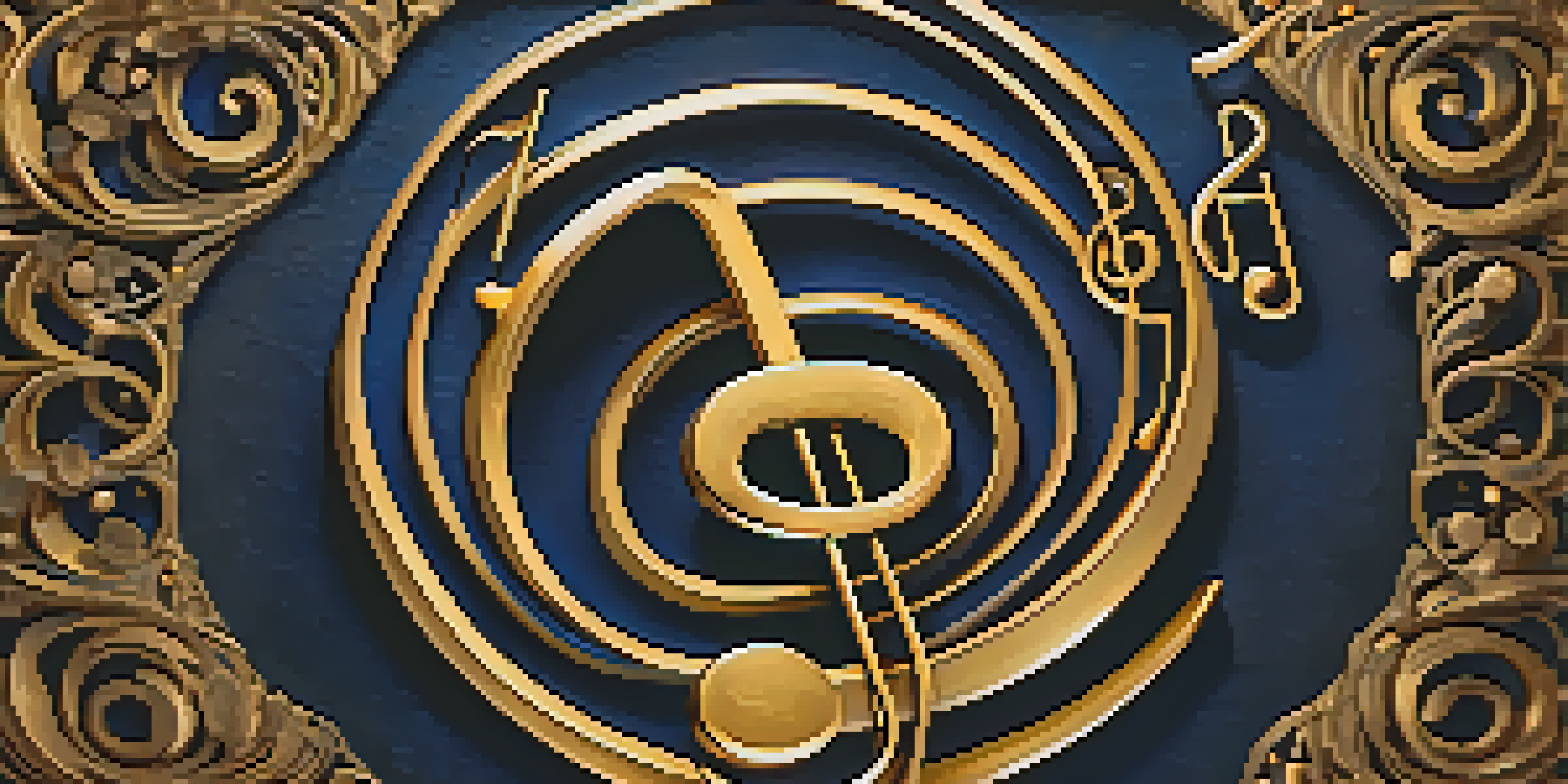 A close-up of a golden treble clef symbol on a dark blue textured background, surrounded by delicate music notes.