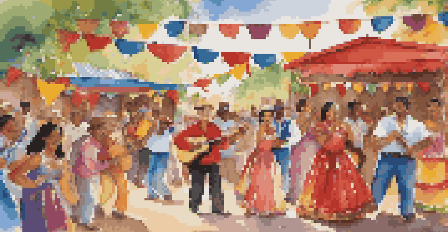 A festive scene of a Hispanic fiesta with musicians and dancers, colorful decorations, and joyful expressions.