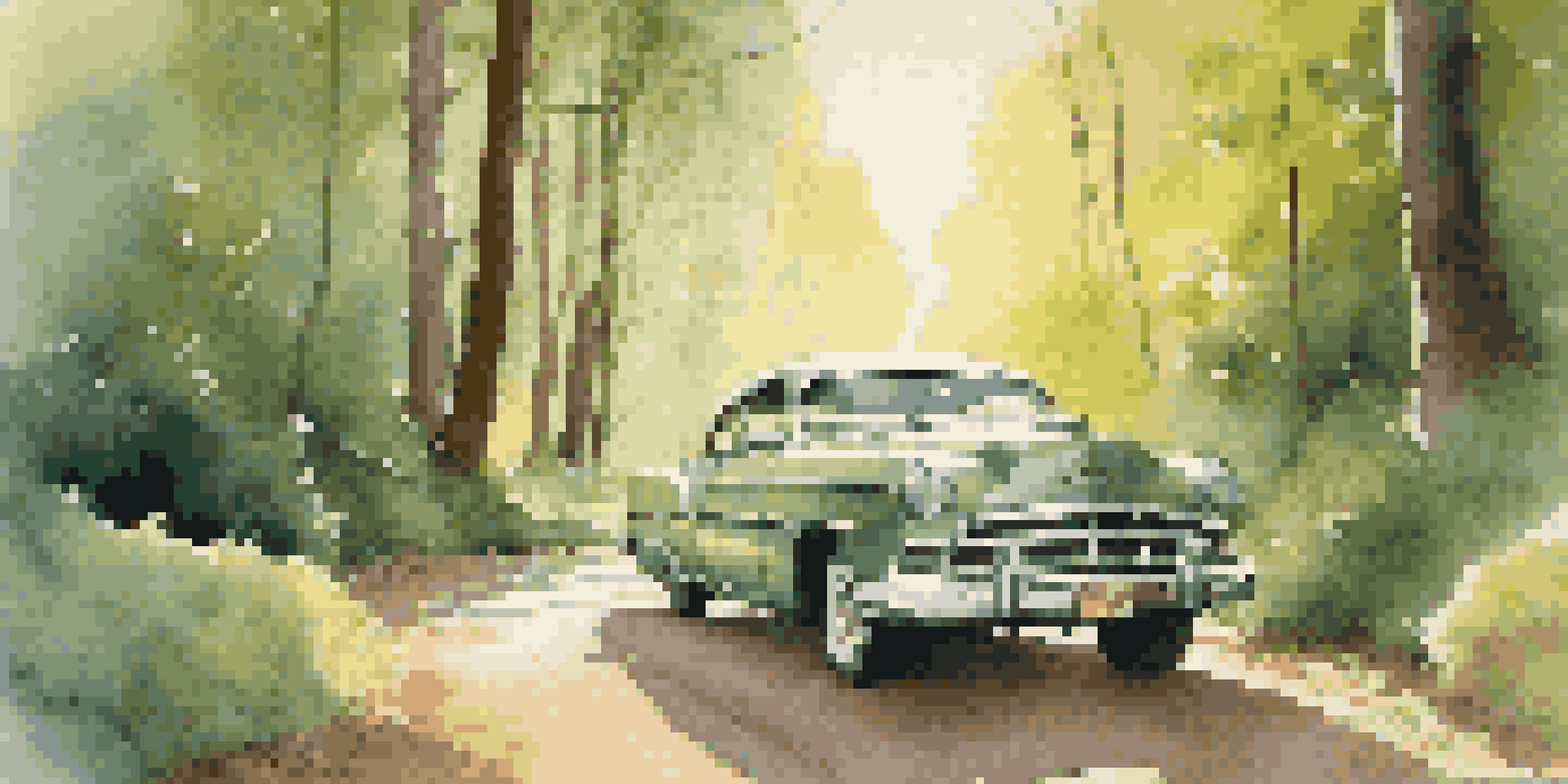 A winding road in a green forest with sunlight filtering through the trees, a vintage car parked with a vinyl record on the hood.