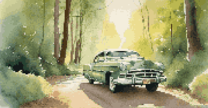 A winding road in a green forest with sunlight filtering through the trees, a vintage car parked with a vinyl record on the hood.