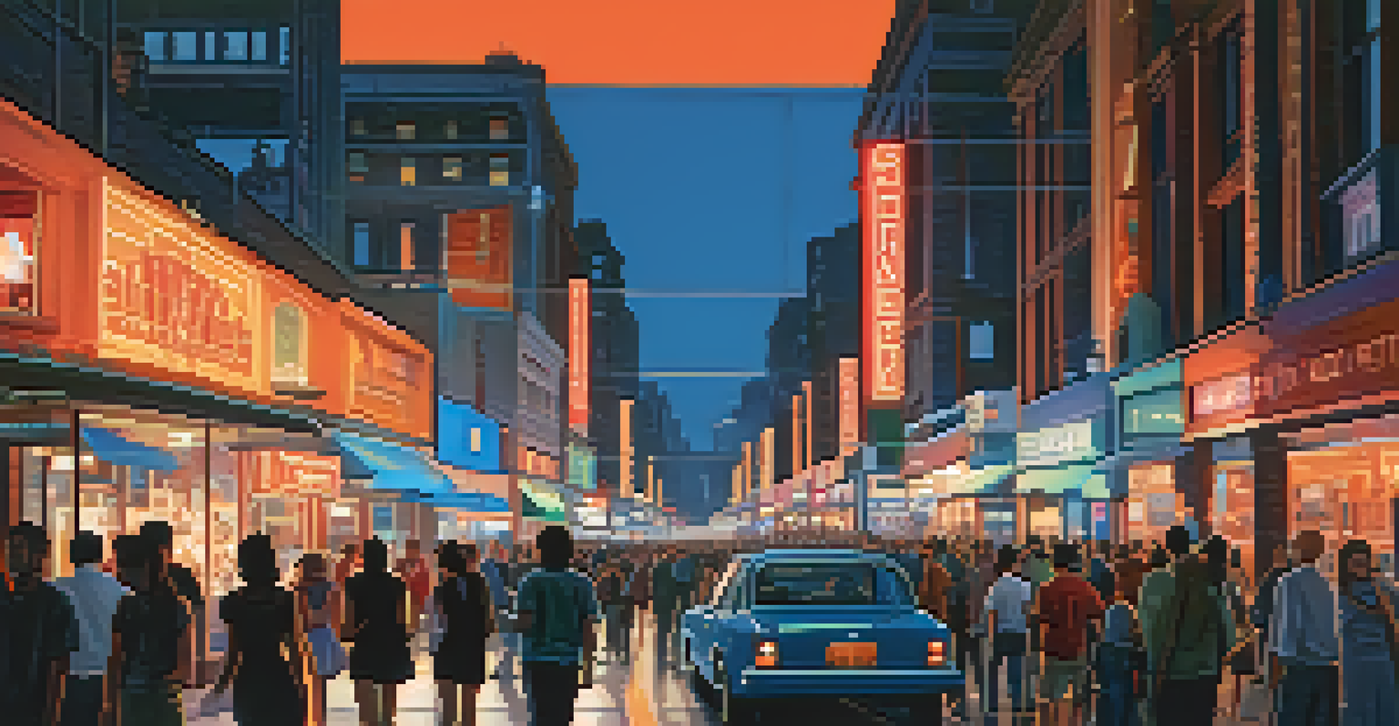 A lively city street at dusk with neon lights and a vibrant crowd, capturing the energy of urban life.