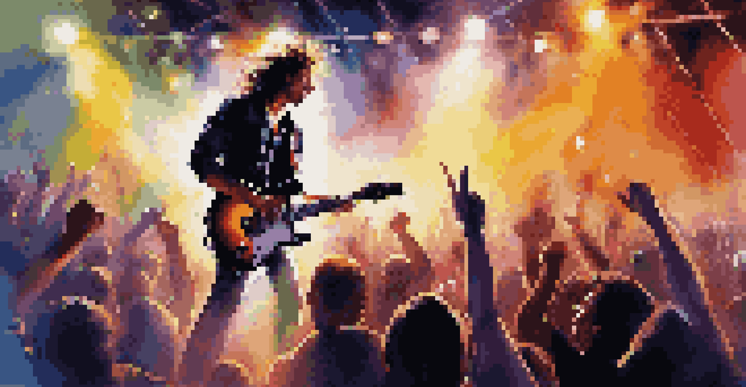 A guitarist performing on stage with electric lights and an enthusiastic crowd, capturing the energy and excitement of a live concert.