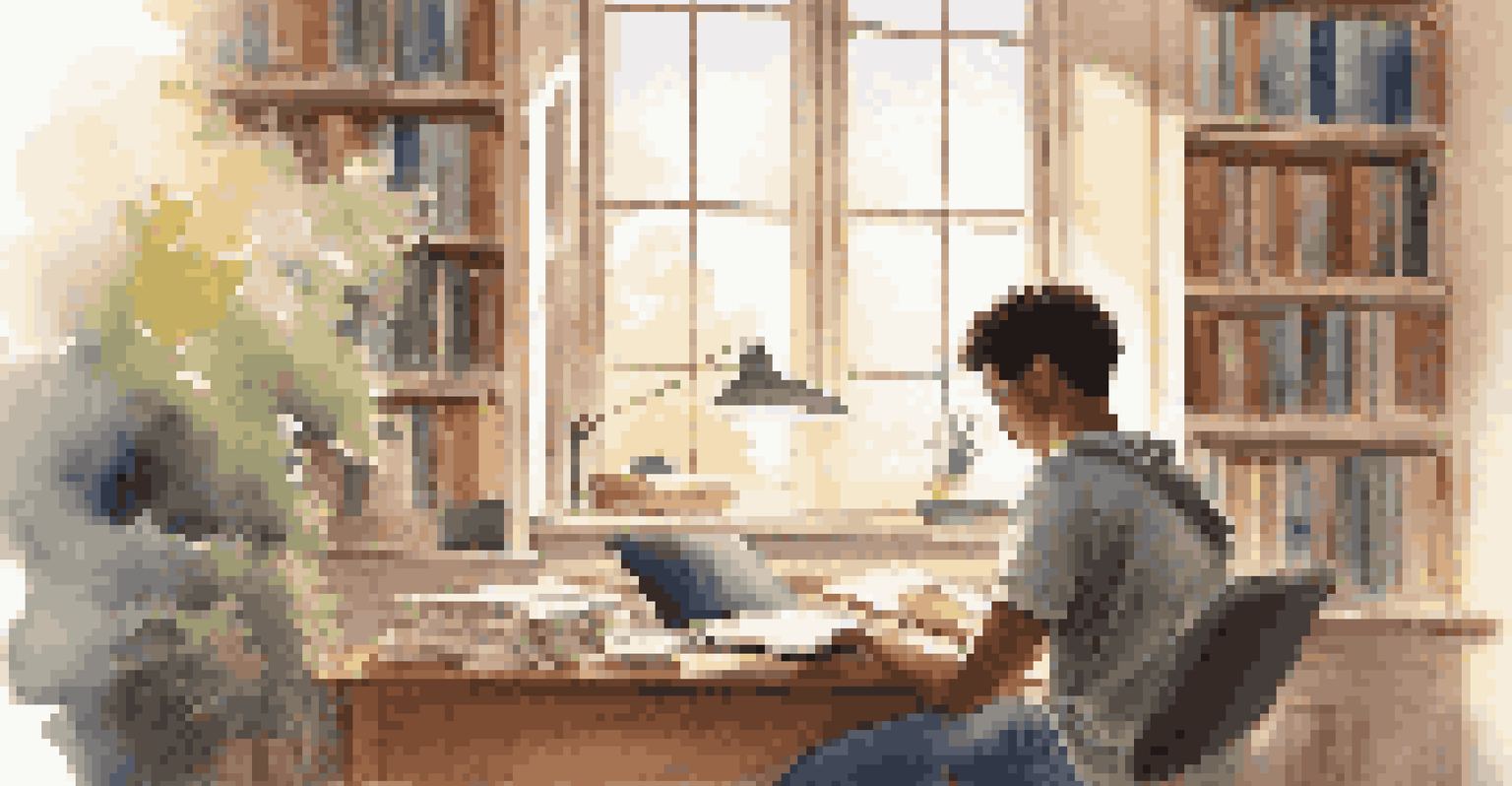 A student studying in a peaceful setting, listening to instrumental music with a focused look, surrounded by books and a laptop.