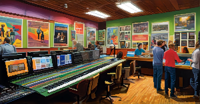 A lively community radio station with colorful posters and diverse volunteers engaged in discussion around a mixing desk, with sunlight streaming in.