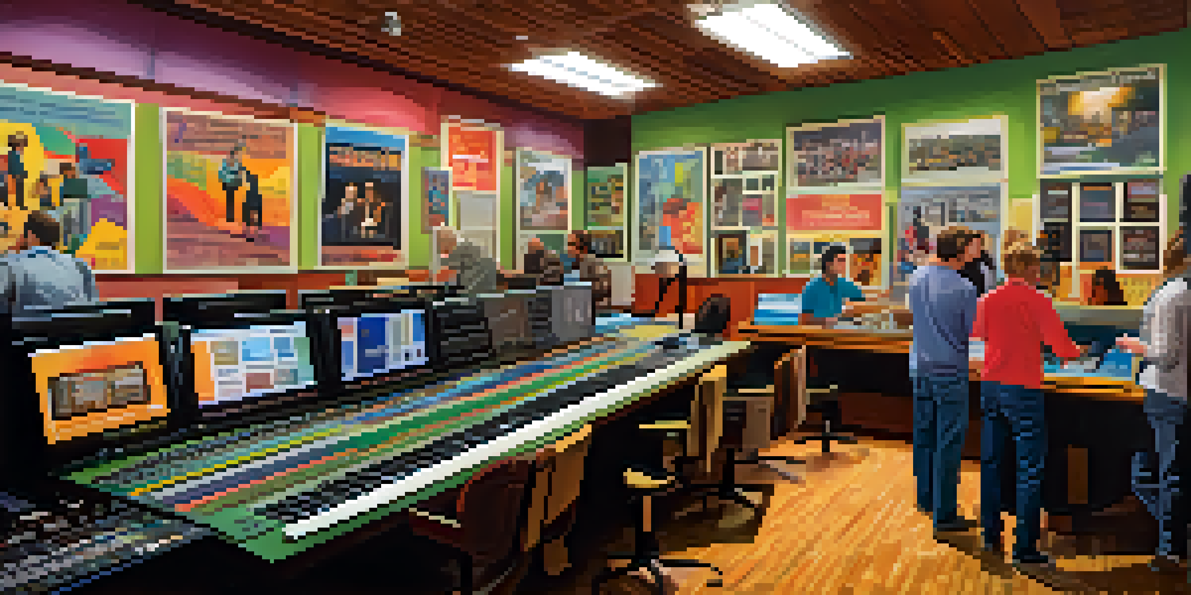A lively community radio station with colorful posters and diverse volunteers engaged in discussion around a mixing desk, with sunlight streaming in.