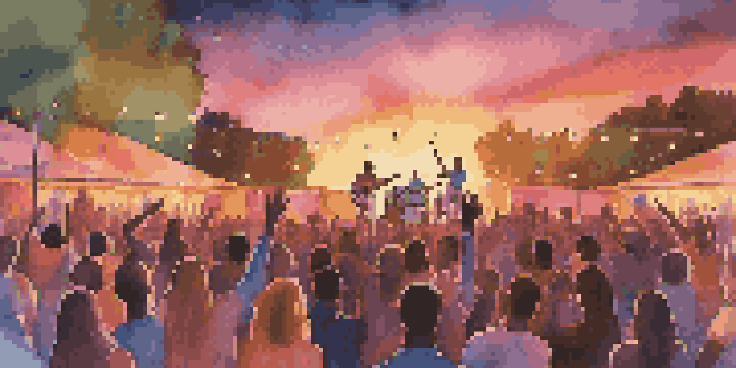 A lively outdoor concert with a colorful stage and an enthusiastic crowd enjoying live music under a sunset sky.