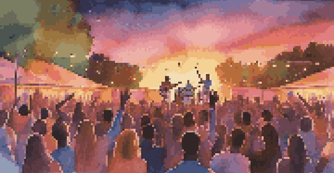 A lively outdoor concert with a colorful stage and an enthusiastic crowd enjoying live music under a sunset sky.