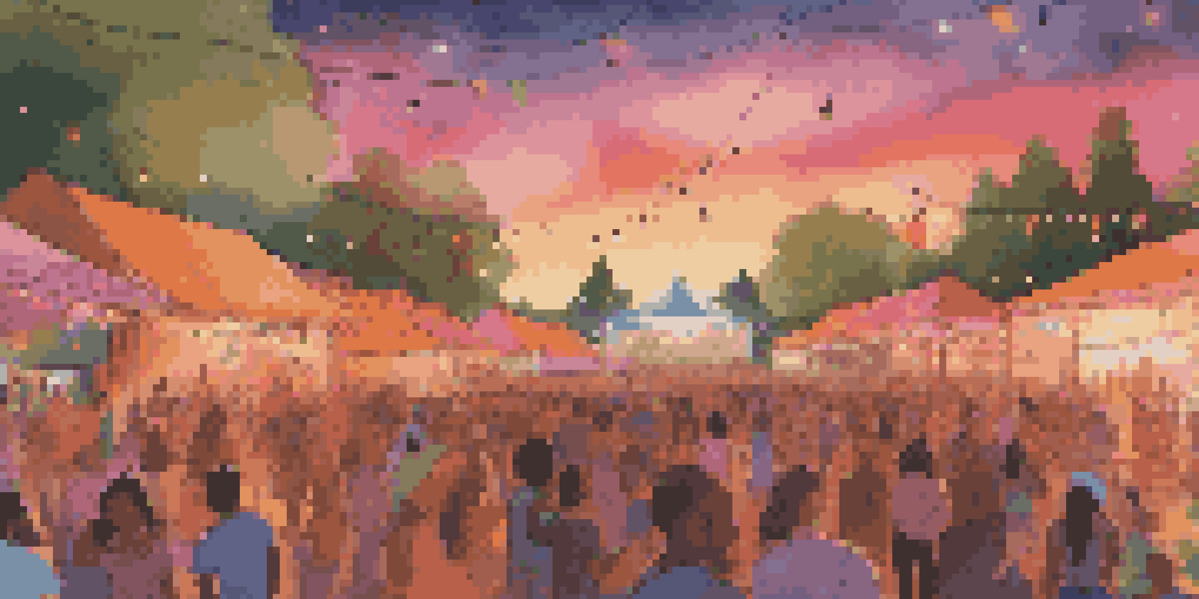 A lively outdoor music festival at sunset with a diverse crowd enjoying live performances, colorful lights, and food stalls.