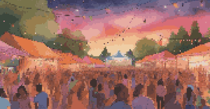 A lively outdoor music festival at sunset with a diverse crowd enjoying live performances, colorful lights, and food stalls.