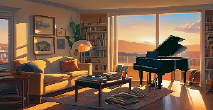 A warm living room with musical instruments and a person reflecting on music, illuminated by sunset light.