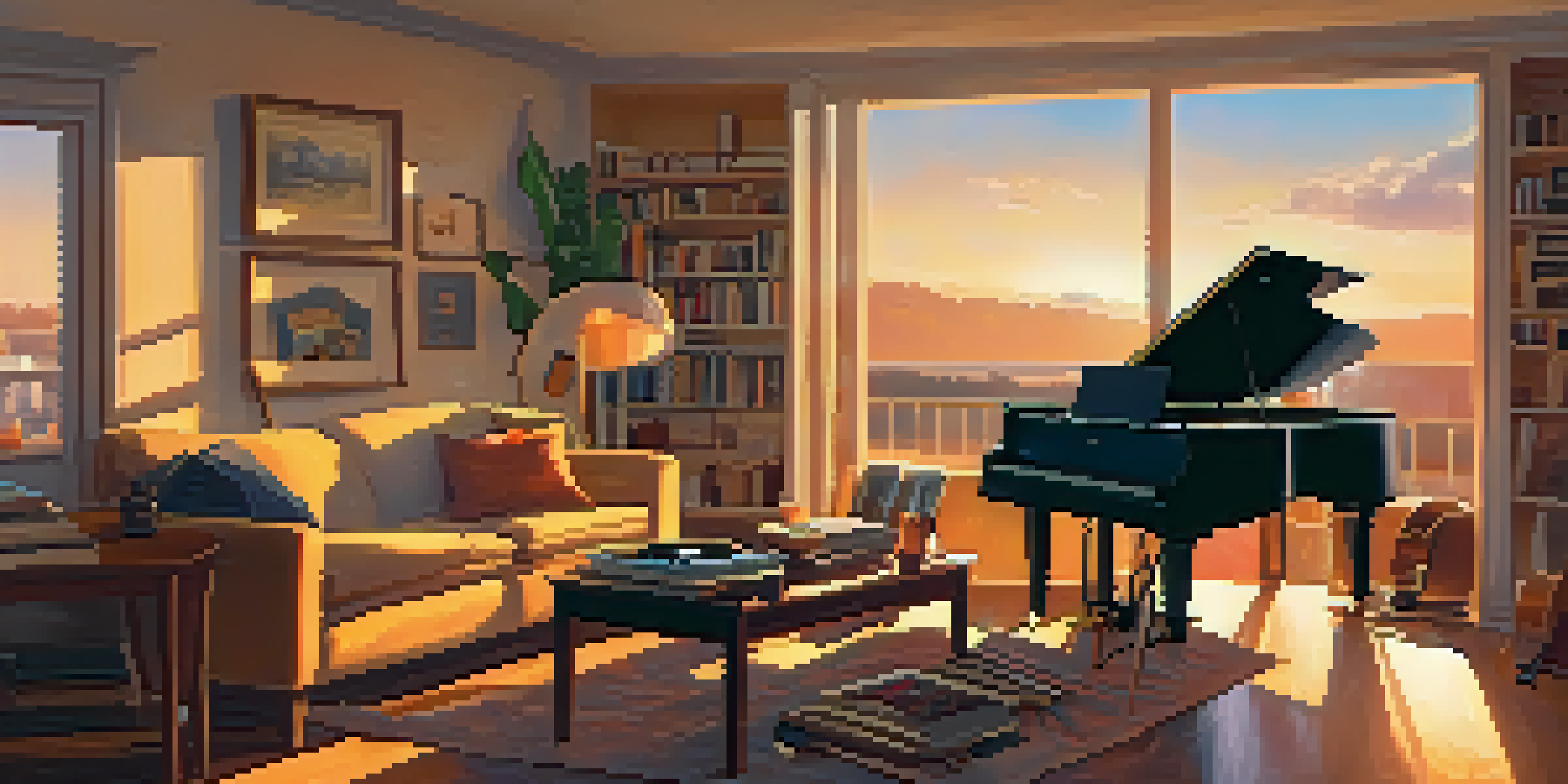 A warm living room with musical instruments and a person reflecting on music, illuminated by sunset light.