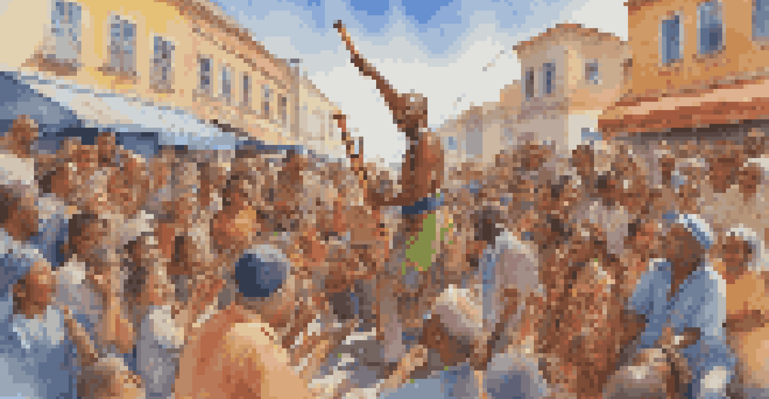 A street musician playing a didgeridoo, wearing colorful traditional attire, with a joyful audience of diverse people under a clear blue sky.
