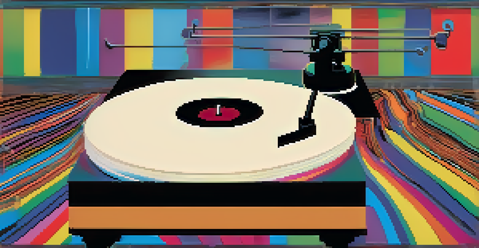 A close-up of a spinning vinyl record on a turntable with colorful album art, symbolizing the connection between music and social activism.