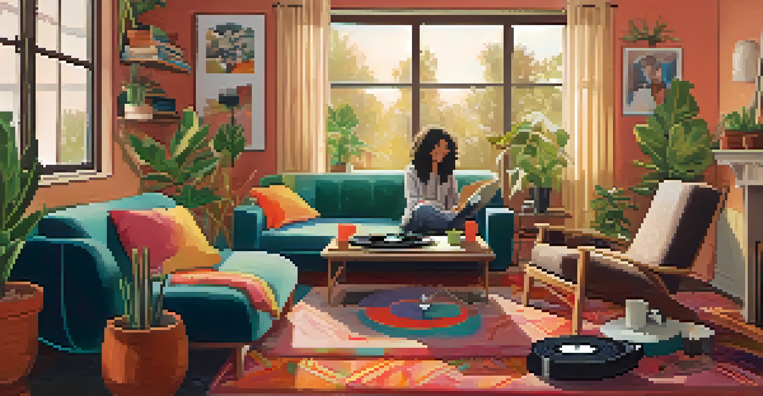 A cozy living room with friends gathered around a record player, enjoying music together.