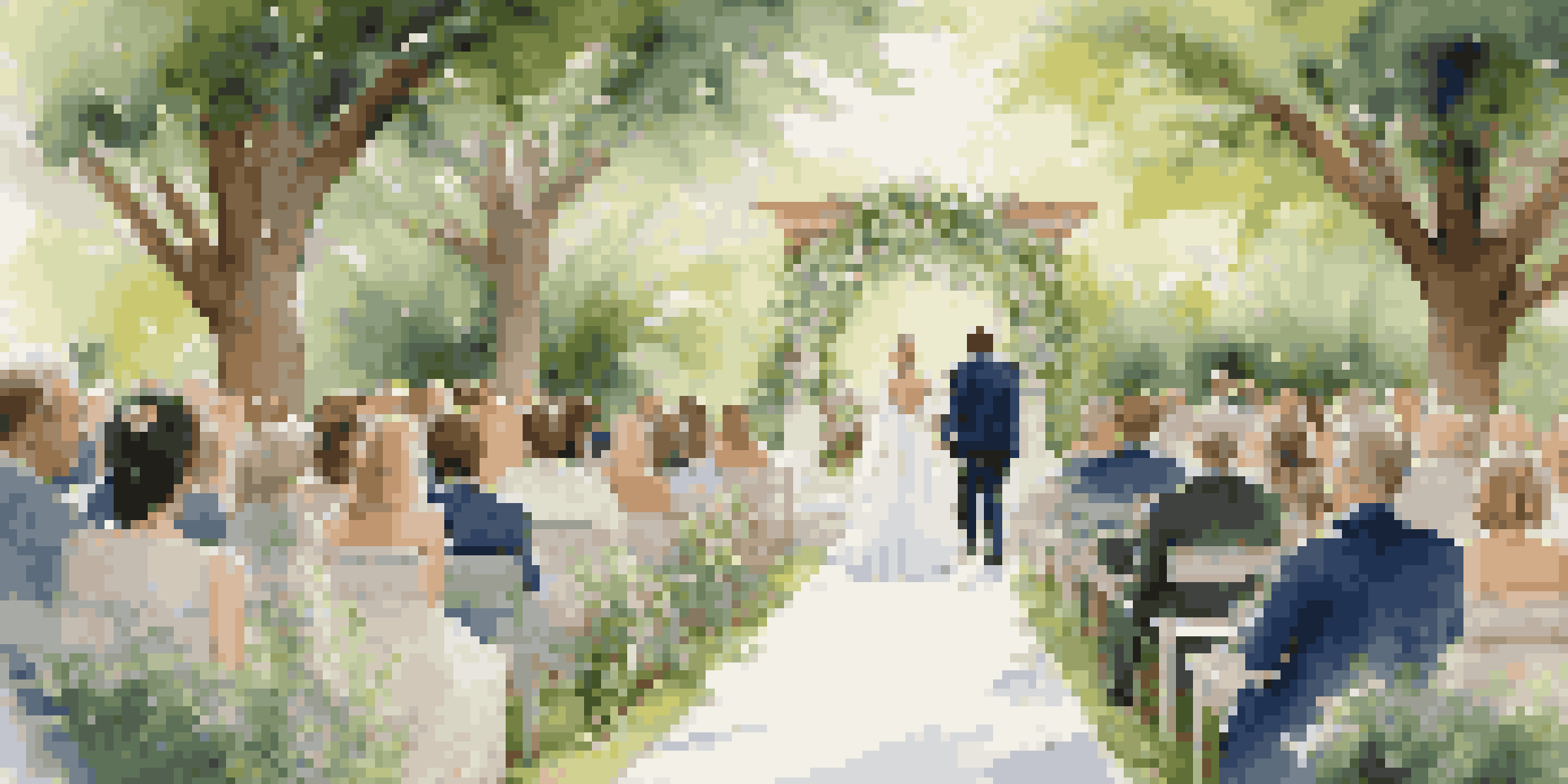 A bride walking down a garden aisle in a wedding ceremony, surrounded by flowers and joyful guests.