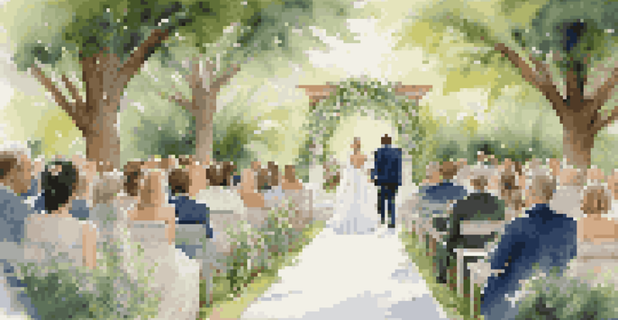 A bride walking down a garden aisle in a wedding ceremony, surrounded by flowers and joyful guests.