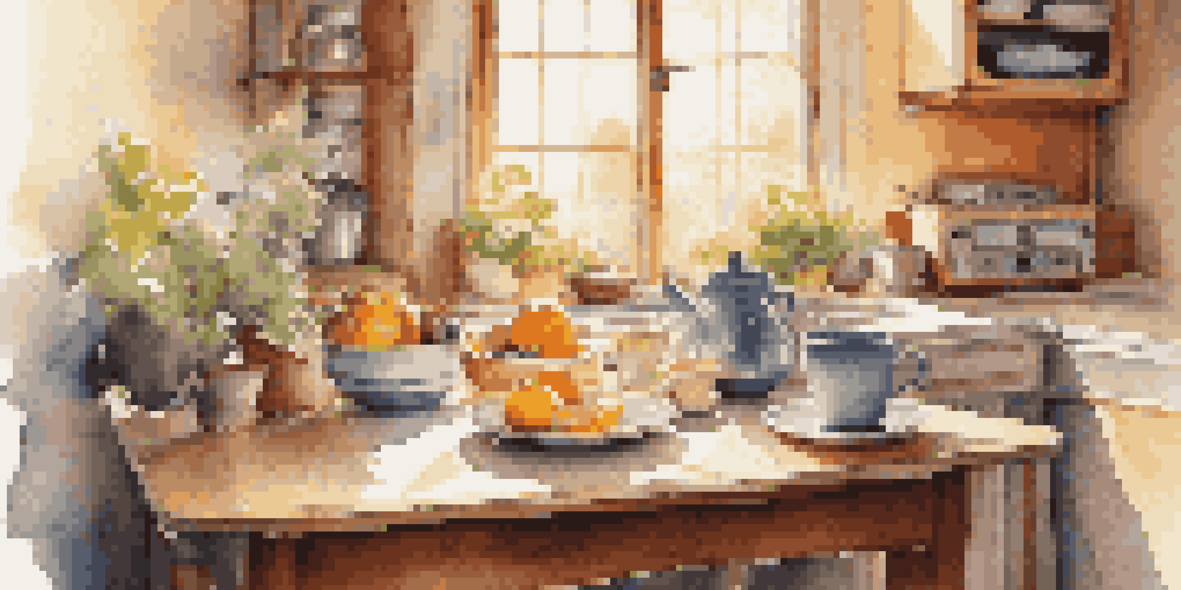 A bright kitchen with sunlight shining through the window, featuring a breakfast table with coffee and fruits, and a vintage record player.