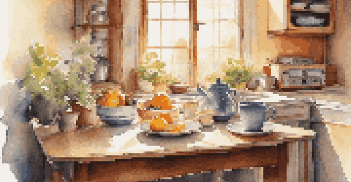 A bright kitchen with sunlight shining through the window, featuring a breakfast table with coffee and fruits, and a vintage record player.