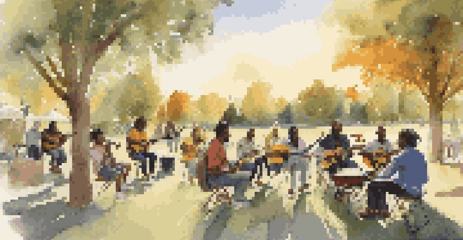 Musicians of different ethnicities performing in a park during sunset, creating a joyful atmosphere with instruments and friends enjoying the music.