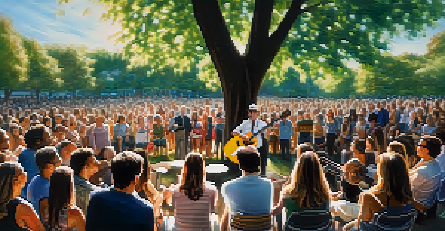 Close-up of hands playing a guitar with a blurred background of people singing in a park, illuminated by sunlight filtering through trees.