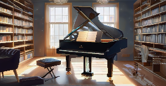 A musician at a grand piano collaborating with an AI music tool on a laptop, surrounded by musical instruments in a warmly lit studio.