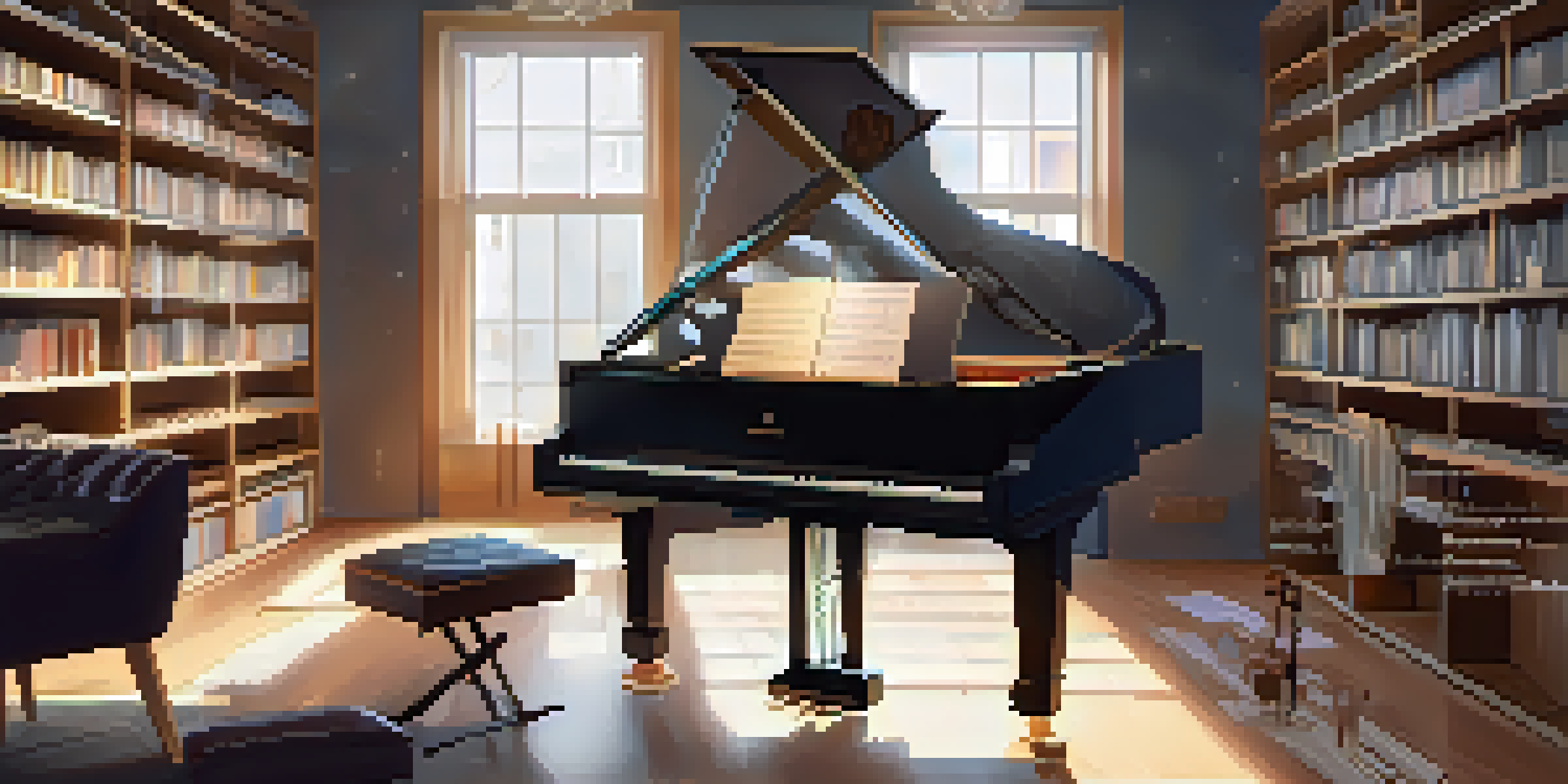 A musician at a grand piano collaborating with an AI music tool on a laptop, surrounded by musical instruments in a warmly lit studio.