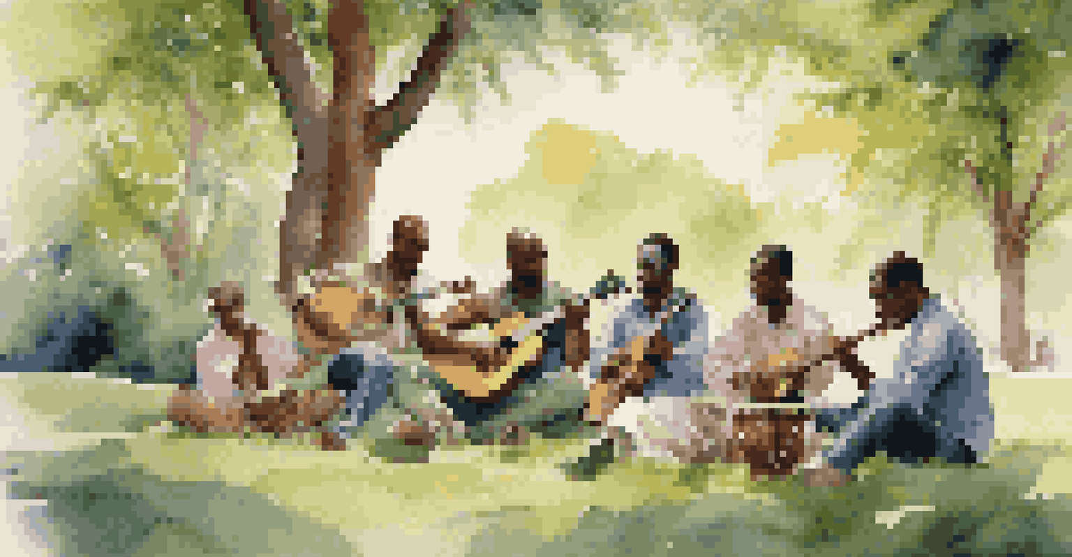 Musicians from different cultures playing together in a park, surrounded by greenery, showcasing a blend of instruments and styles in a serene atmosphere.