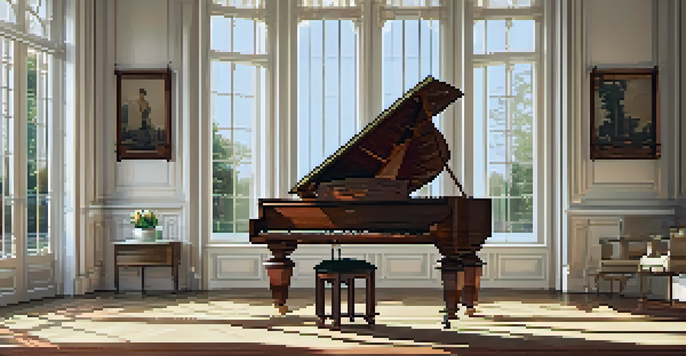 An elegant clavichord in a sunlit room with lace curtains and scattered sheet music, showcasing a warm and inviting musical atmosphere.