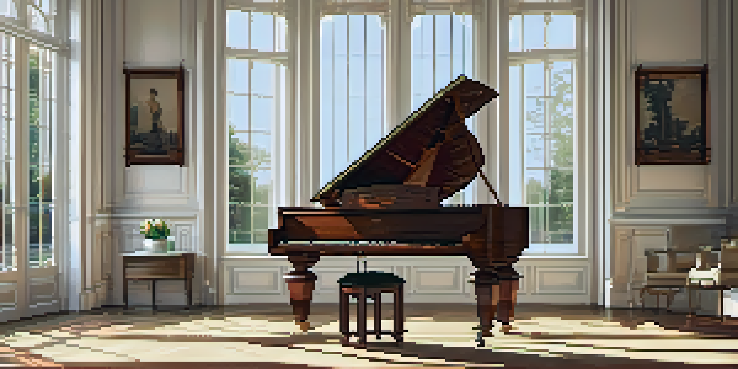An elegant clavichord in a sunlit room with lace curtains and scattered sheet music, showcasing a warm and inviting musical atmosphere.