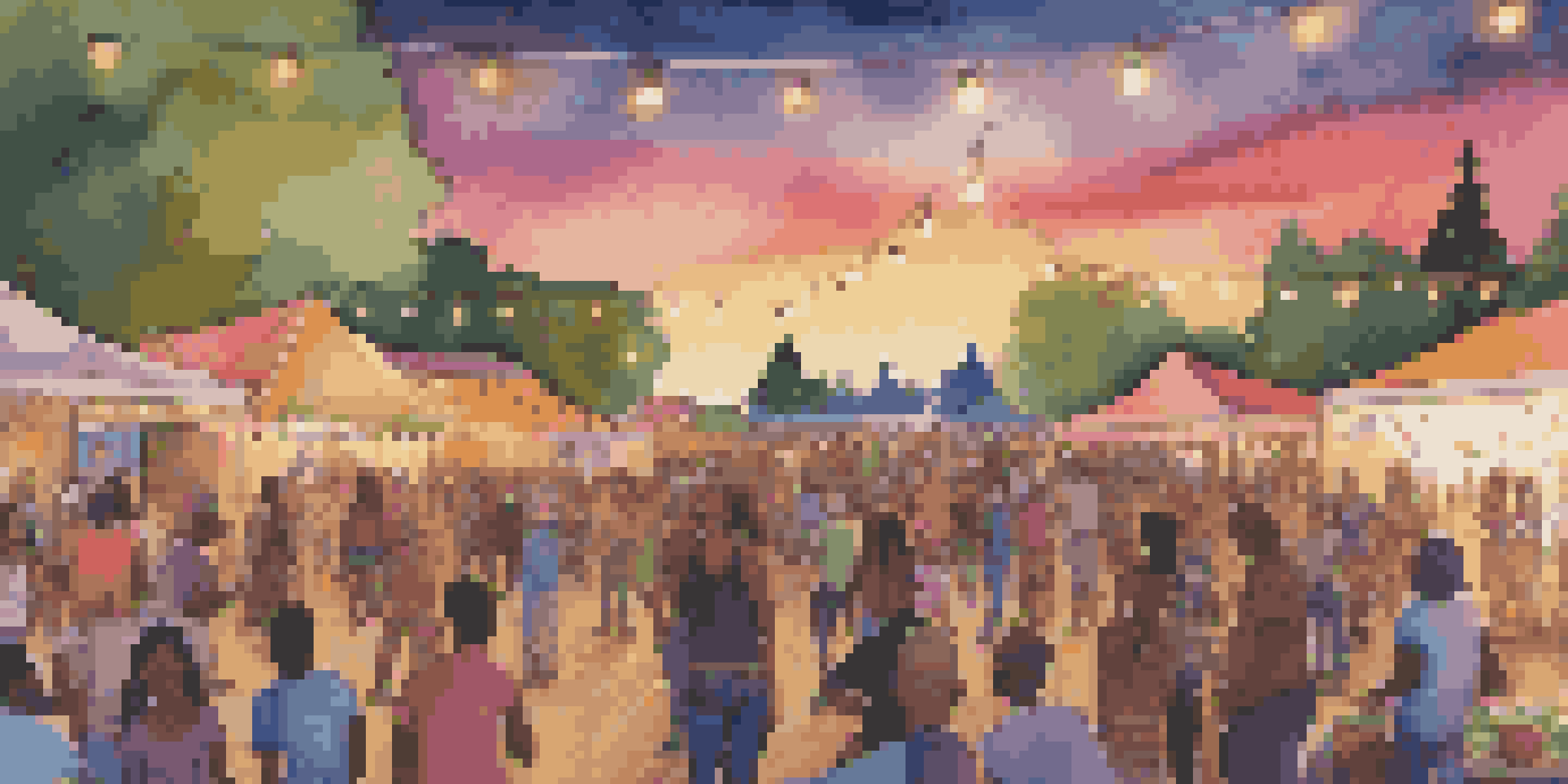 An outdoor music festival at sunset with musicians on stage and a diverse crowd dancing and enjoying the event.