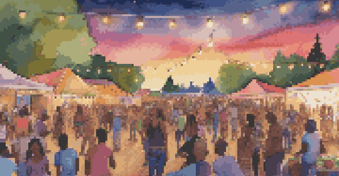 An outdoor music festival at sunset with musicians on stage and a diverse crowd dancing and enjoying the event.