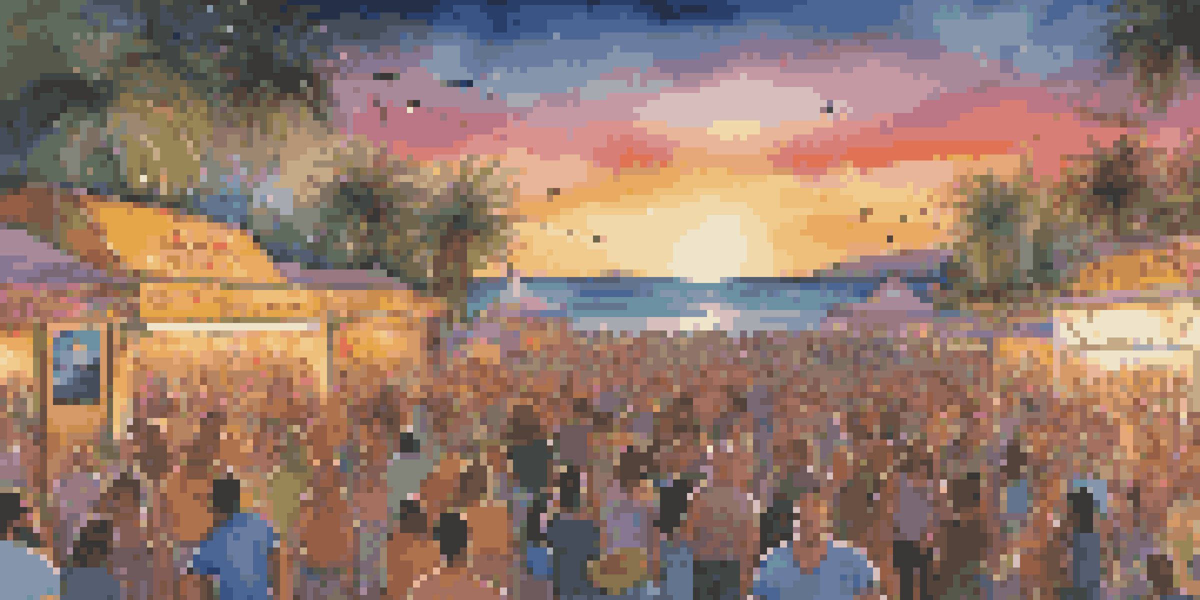A lively music festival with a crowd enjoying a band, colorful lights, and eco-friendly booths promoting ocean conservation.