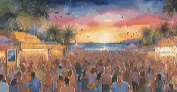 A lively music festival with a crowd enjoying a band, colorful lights, and eco-friendly booths promoting ocean conservation.