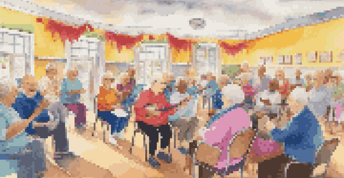 Seniors participating in a joyful sing-along session at a community center, with a piano player and colorful decorations.
