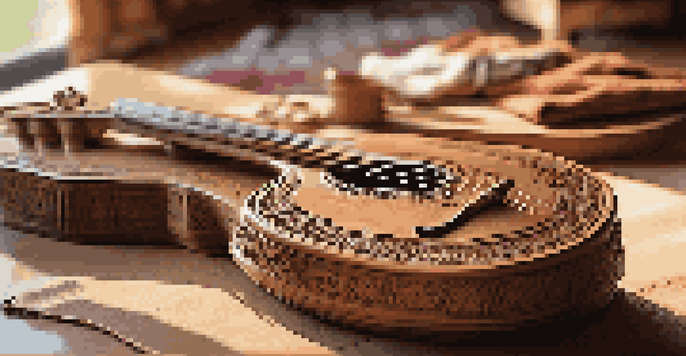 A detailed close-up of a handcrafted lira with intricate carvings on a wooden table, surrounded by traditional Balkan textiles in soft focus.