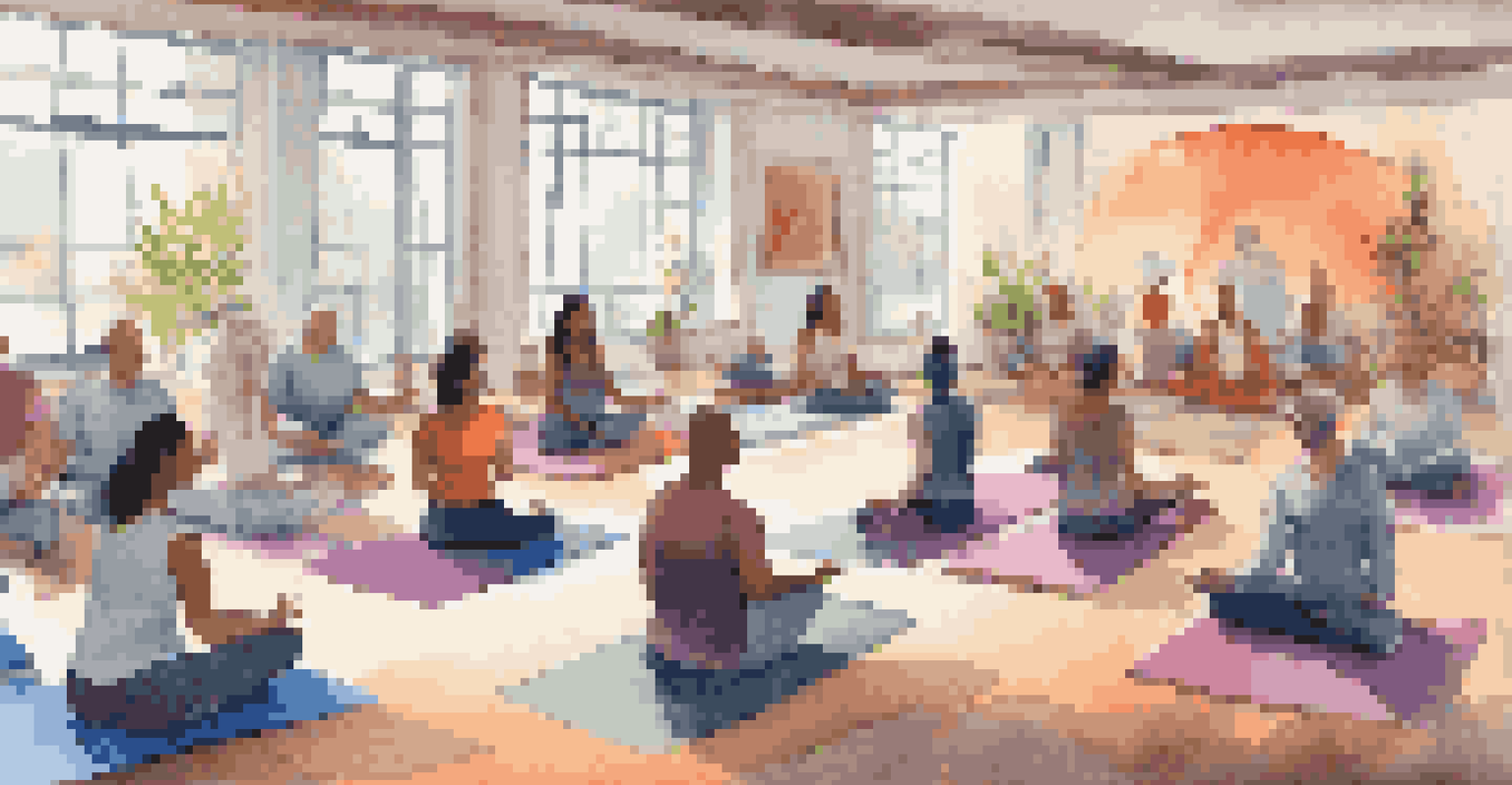 Employees engaged in a 'music and mindfulness' workshop, meditating and playing instruments on yoga mats, surrounded by colorful cushions and soft lighting.
