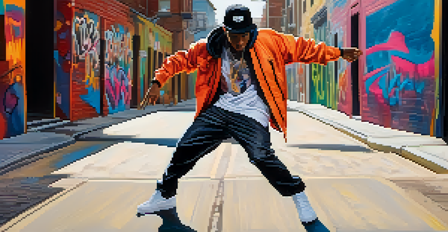 A hip-hop dancer showcasing an energetic move on an urban street with colorful graffiti in the background.