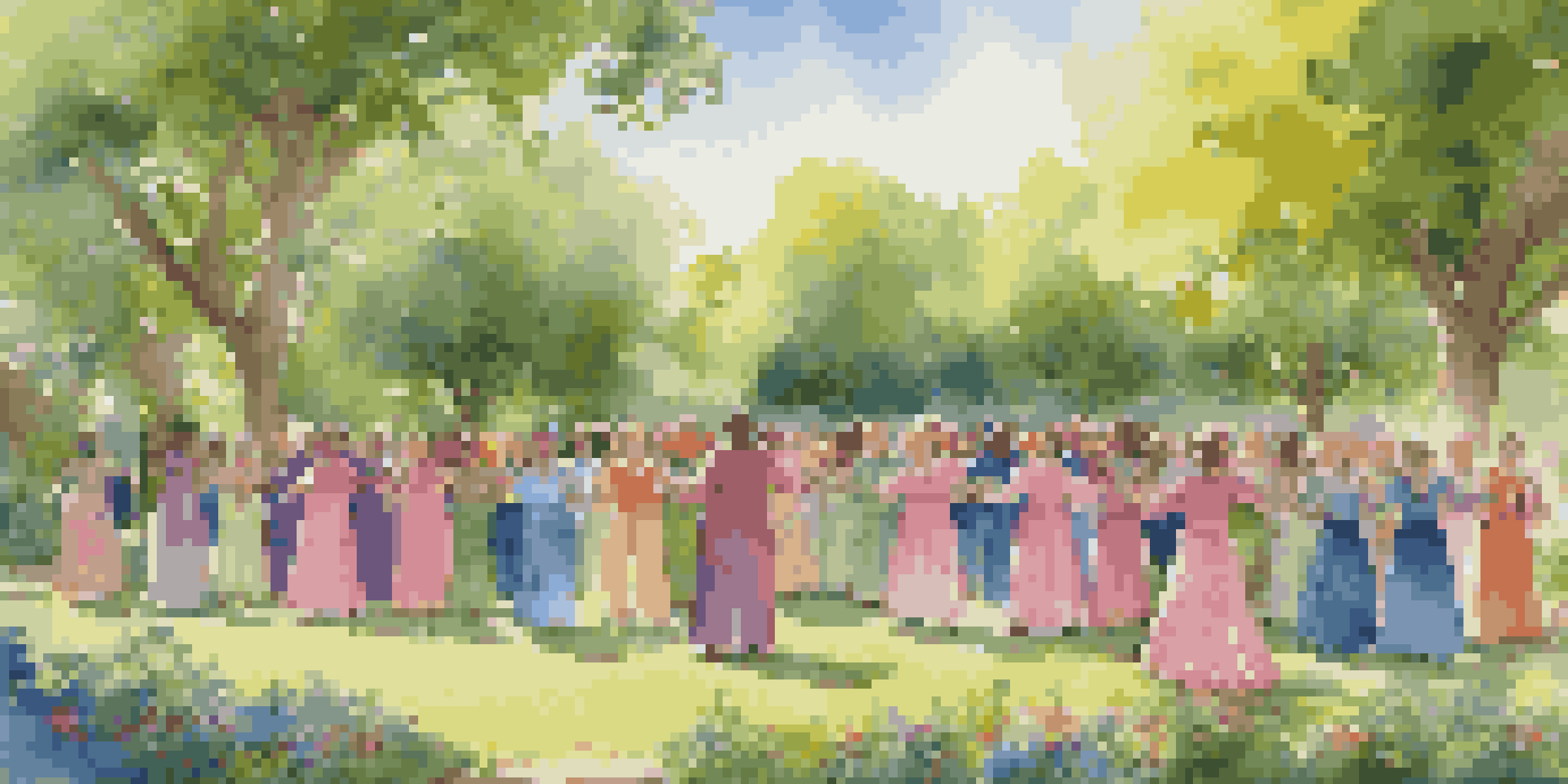 A diverse group of singers performing in a park, surrounded by nature and bright flowers.