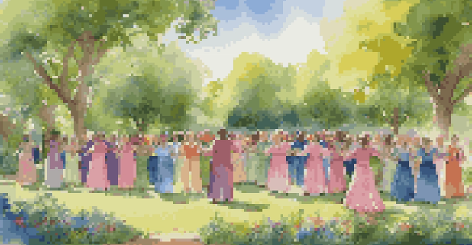A diverse group of singers performing in a park, surrounded by nature and bright flowers.