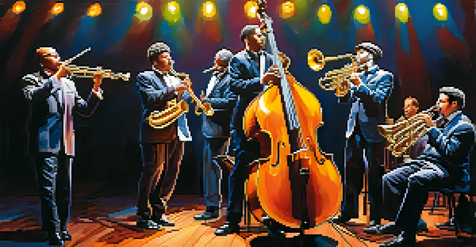 A lively jazz band on stage with musicians in action, surrounded by vibrant lights and an engaged audience.