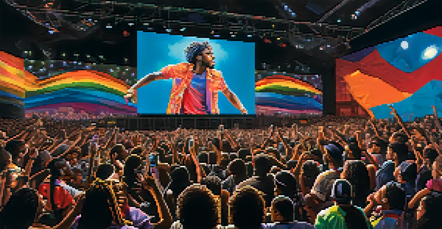 An artist performing on stage with projected lyrics and posters of social movements, engaging an enthusiastic audience.