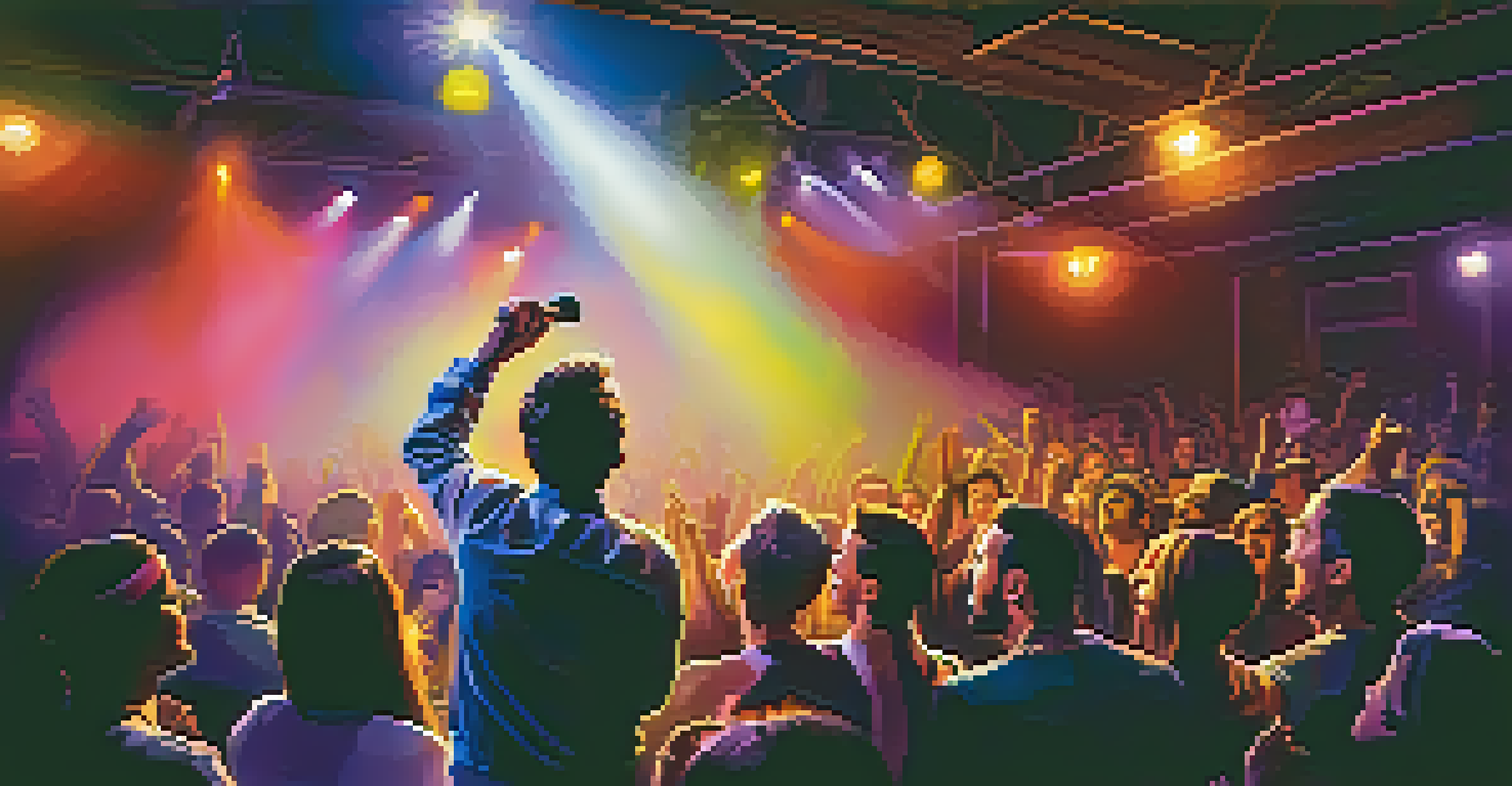 An artist performing live in a small venue with colorful lights and an engaged audience, creating an exciting atmosphere.
