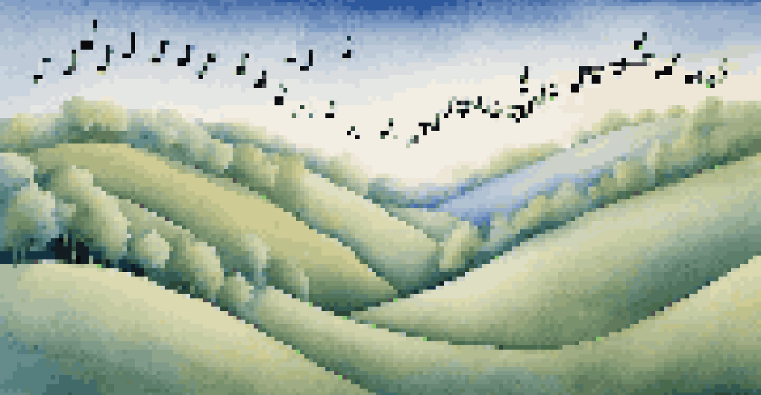 An artistic image of musical notes turning into doves flying, set against a peaceful landscape with soft pastel colors.
