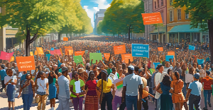 A diverse group of protesters holding banners and placards in a lively street scene, with sunlight filtering through trees.