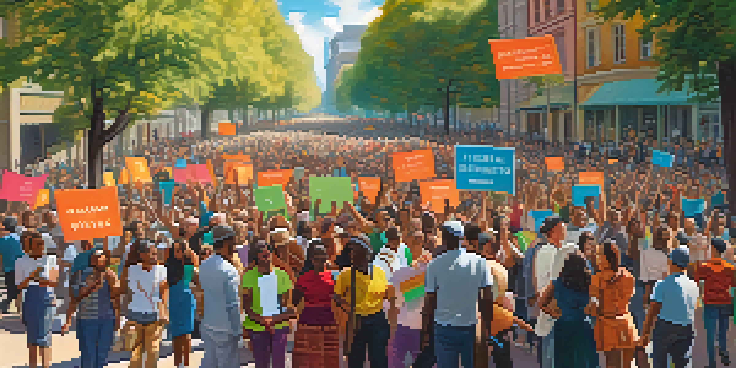 A diverse group of protesters holding banners and placards in a lively street scene, with sunlight filtering through trees.