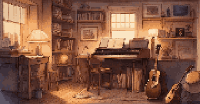 A songwriter in a cozy music studio, writing lyrics with a guitar nearby and vintage instruments in the background.