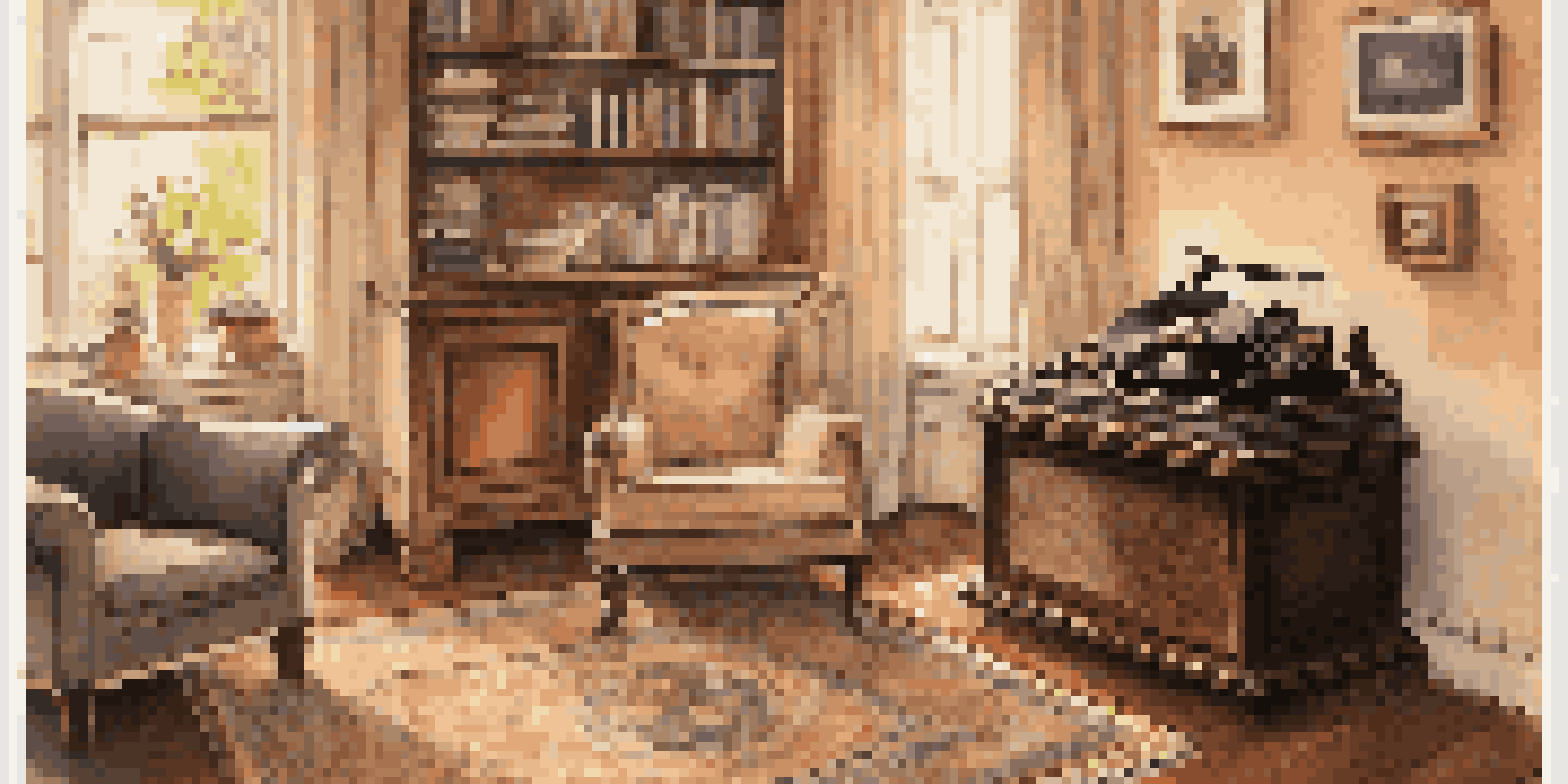 A vintage phonograph made of wood with a brass horn in a cozy living room, surrounded by armchairs and soft lighting.