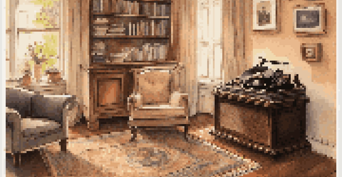 A vintage phonograph made of wood with a brass horn in a cozy living room, surrounded by armchairs and soft lighting.